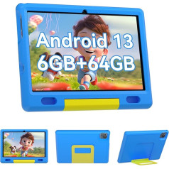 Pazhonz Kinder-Tablet, 10,1 Zoll, Android 13, 6 (2 + 4) GB RAM, 64 GB ROM, Computer-Tablets für Kinder, mit Schutzhülle (melns)