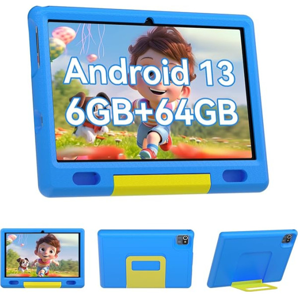 Pazhonz Kinder-Tablet, 10,1 Zoll, Android 13, 6 (2 + 4) GB RAM, 64 GB ROM, Computer-Tablets für Kinder, mit Schutzhülle (melns)