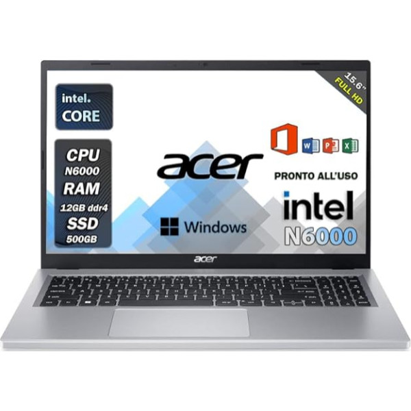 Acer piezīmjdatora displejs 15,6 collu N4020 līdz 2,80 GHz, 8 GB Ddr4 SSd NVMe 256 GB, klēpjdators, HDMI, WiFi, Bluetooth, Windows 11 Professional, melns