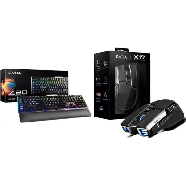 EVGA Z20 RGB Optical Mechanical Gaming Keyboard, RGB Backlit LED Black & X17 Gaming Mouse, Wired, Black, Customizable, 16,000 DPI, 5 Profiles, 10 Buttons, Ergonomic 903-W1-17BK-K3