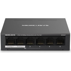 TP-Link MERCUSYS MS106LP PoE+ slēdzis 6 porti ar 4 PoE+, 30 W PoE portam, 40 W visiem portiem, 802.3af/at, 2 savienojuma porti internetam un NVR, metāla korpuss, Ethernet sadalītājs, Plug & Play