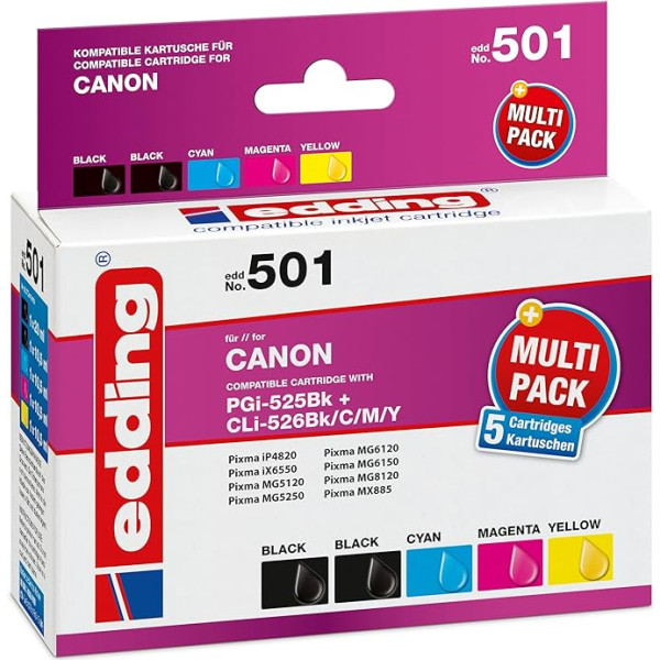 edding Druckerpatrone EDD-501 - Multipack 5 - 2x Schwarz, Cyan, Magenta, Gelb - 1x 20 ml + 4x 10,5 ml - Reichweite 1x 440 4x 660 Seiten - Ersetzt Canon PGI-525/CLI-526BK/C/M/Y