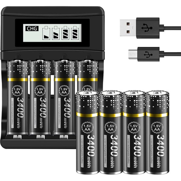 Palogreen 8 AA bateriju iepakojums ar lādētāju - 1,5 V / litija 3400 MWh AA baterijas uzlādējamas ar LCD displeju Ātrās uzlādes lādētāji Bateriju lādētājs 4 slots Li-ion Mignon AA, Micro AAA baterijām