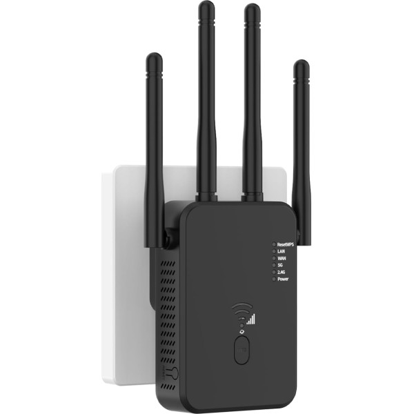 WLAN Repeater WLAN Verstärker 1200Mbit/s Dualband 2,4GHz+5GHz WiFi Booster mit Repeater/Router/Access Point Modus,4 Antenne,Einfache Einrichtung,WiFi Range Extender Mit LAN/WAN Port