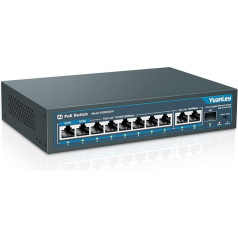 YuanLey 11 portu gigabitu PoE komutators, 8 PoE+ pieslēgvietu 1000 Mbit/s, 2 gigabitu savienojumi, 1 SFP pieslēgvieta, 120 W 802.3af/at, metāls, Qos, nepārvaldāms Plug and Play Ethernet viedās noteikšanas Ethernet komutators