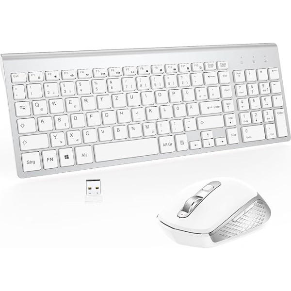 Bezvadu tastatūras un peles komplekts (vācu) USB QWERTZ bezvadu tastatūra, maza pele Ļoti plāna, klusa, ergonomiska tastatūra datoram / datoru / klēpjdatoram / portatīvajam datoram / viedajam televizoram / Windows Silver White