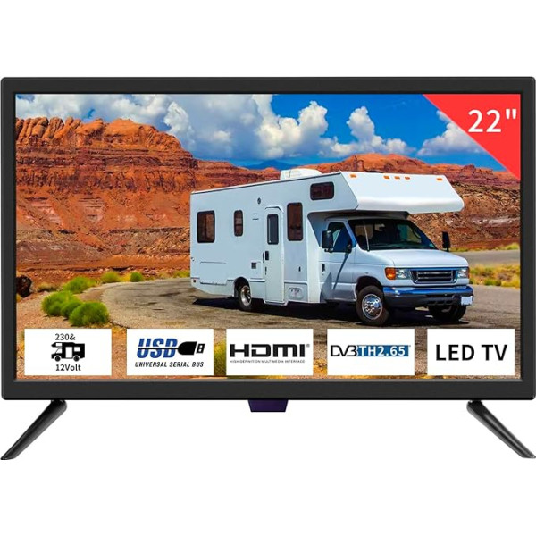 Televizors 22 collu HD 1080P televizors ar digitālo uztvērēju DVB-T2 Freeview, 12 voltu televizors ar HDMI, USB, RCA, VGA ieejām guļamistabai, autofurgoniem