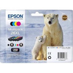 Epson oriģinālā 26XL tinte Polārlāču lācis (XP-600 XP-700 XP-800 XP-510 XP-710 XP-615 XP-610 XP-610 XP-810 XP-720 XP-820 XP-520 XP-620 XP-625, ar Amazon Dash papildināšanas funkciju), daudzpakete, 4 krāsas