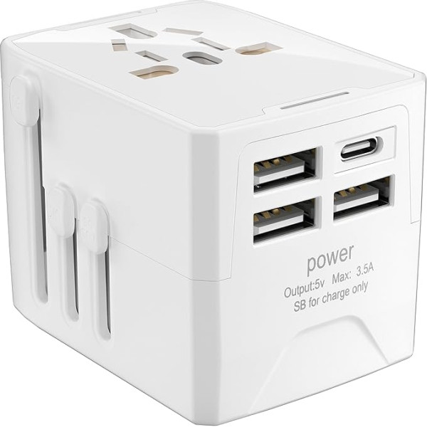 Ceļojuma adapteris visā pasaulē, universāla ceļojuma kontaktdakša ar 6 maiņstrāvas kontaktligzdām, 3,5 A USB Smart izeja, 3 USB A + C tipa starptautiskais kontaktligzdas adapteris