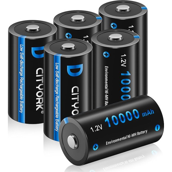 CITYORK 10000mAh 1,2 V Ni-MH D tipa uzlādējamas baterijas, liela ietilpība, lieliski piemērotas ikdienas lietošanai un uzņēmējdarbībai, komplektā ietilpst bateriju futrālis - 6 bateriju iepakojums