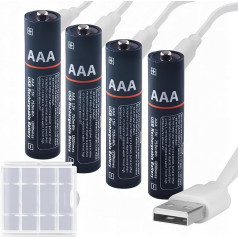 MinSoHi uzlādējamas AAA litija baterijas, 1,5 V 750 MWh USB uzlādējamas Li-Ion AAA baterijas ar 4 C tipa lādēšanas kabeļiem, ātra uzlāde 2 stundās, 1200 reižu cikliska uzlāde, 4 gab. komplektā