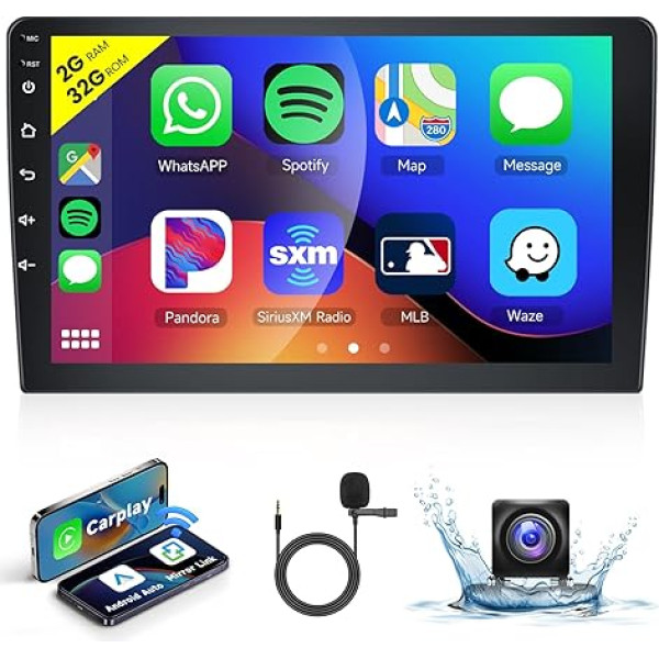 【2+32G】 Bezvadu Carplay 10,1 collu Android auto radio 2 DIN Android auto spoguļa ekrāns, radio ar Bluetooth/WiFi 26 UI FM/RDS stūres rata vadība GPS EQ MIC ar AHD atpakaļgaitas kameru