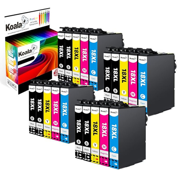 Koala 20 spausdintuvo kasetės, suderinamos su Epson 18XL T1811-T1814 Expression Home XP-102 XP-202 XP-305 XP-405 XP-205 XP-302 XP-402 XP-415 XP-412 XP-315 XP-312 XP-215 8 x juodos spalvos 4 x žydros spalvos 4 x