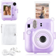 Rieibi Instax Mini 12 futrālis - spīdīgs futrālis Fujifilm Instax Mini 12 tūlītējai fotokamerai ar aizmugurējo somu, caurspīdīgu plecu siksnu un mini fotoalbumu - Glitter Purple, Glitter purple, Somiņa fotoaparātam