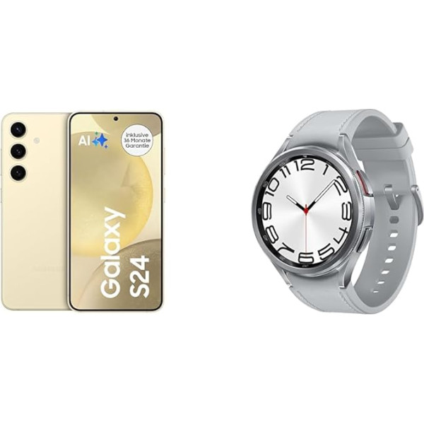 Samsung Galaxy S24 AI viedtālrunis Android mobilais tālrunis bez līguma Galaxy Watch6 Classic viedpulkstenis, sudraba krāsā