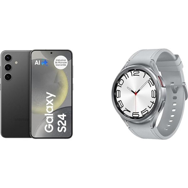 Samsung Galaxy S24 AI viedtālrunis Android mobilais tālrunis bez līguma Galaxy Watch6 Classic viedpulkstenis, sudraba krāsā