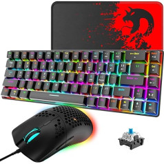 RGB spēļu tastatūras un peles komplekts, 68 taustiņi, zils slēdzis, 60% Mini Chroma mehāniskā tastatūra, 6400DPI viegla optiskā pele, USB kabelis, saderīgs ar Windows, Mac, PS4 Xbox, melns