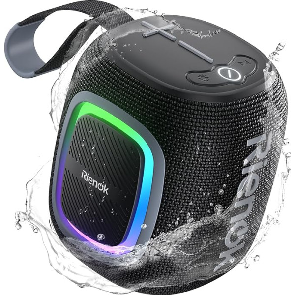 RIENOK Bluetooth skaļrunis mazs ar gaismu FM radio Bluetooth 5.3 Music Box Bezvadu Bass Box ar 15 stundu atskaņošanas laiku Stereo pārnēsājams ūdensizturīgs TF karte USB stick melns