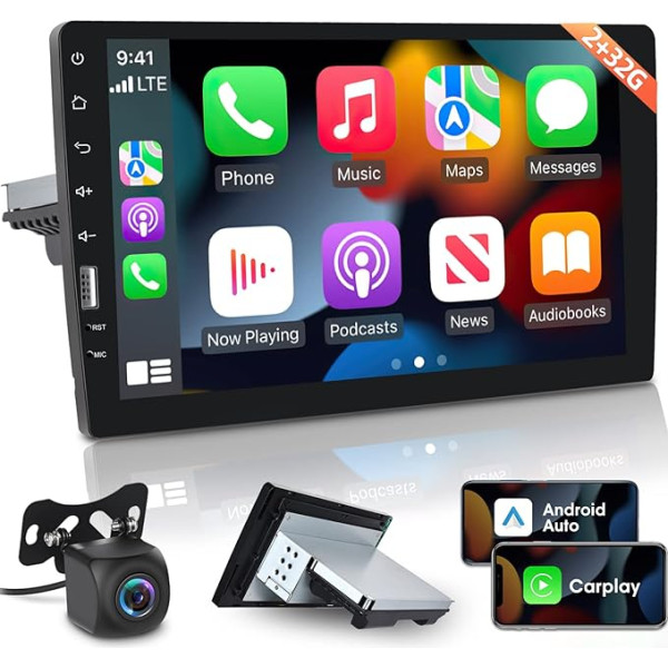 [2G + 32G] Vadu un bezvadu Apple CarPlay/Android auto 1 DIN Android auto radio ar ekrānu 9 collu skārienjūtīgais ekrāns Radio Hi-Fi/WiFi/SWC/GPS navigācija + AHD atpakaļgaitas kamera un mikrofons