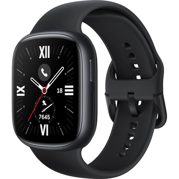 HONOR Watch 4 viedpulkstenis, Bluetooth zvans, 1,75 collu AMOLED 60Hz displejs, silikona siksniņa vīriešiem, 97 treniņu režīmi, 5ATM ūdensizturīgs, sirdsdarbības un miega monitora funkcija, 14 dienu akumulatora darbības laiks, 1,75 collas