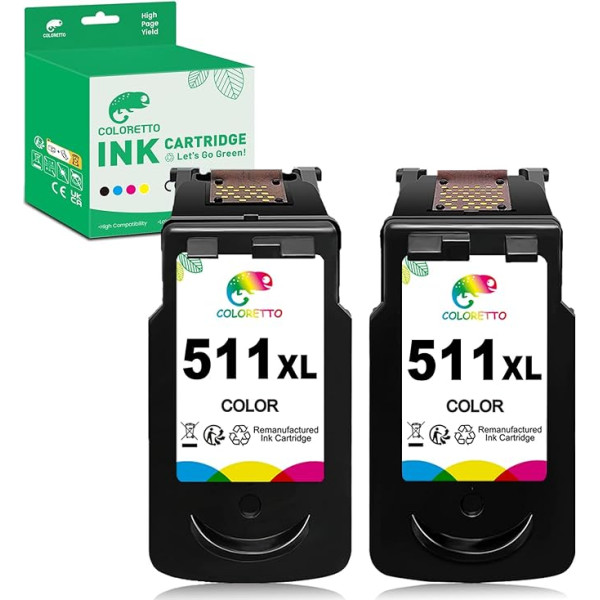 COLORETTO atjaunota tintes kasetne Canon CL-511XL, 511 XL 513 XL izmantošanai ar MP250 MP260 MP480 MP495 MX360 IP2700 (2 krāsas) (2 krāsas) (iekļauts ar 2 papīra klipšiem)