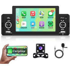 Hodozzy 1 DIN auto radio Bluetooth ar Carplay/Android 5 collu skārienjūtīgais ekrāns Auto radio 1 DIN ar ekrānu ar spoguļa saiti/USB/FM/SWC+ mikrofons + atpakaļgaitas kamera