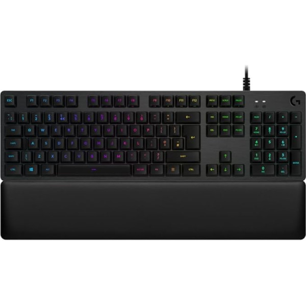 Logitech G513 Mehānisks spēļu tastatūra, Romer-G taktilo slēdži, RGB apgaismojums, USB savienojums, Handballenauflage mit Memory Foam, Aluminium-Gehäuse, Spanisches QWERTY-Layout - Carbon