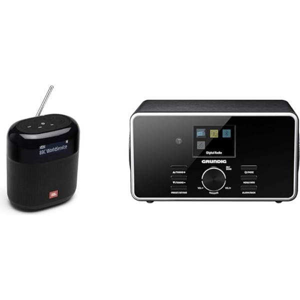 JBL Tuner XL radio magnetofons melnā krāsā - pārnēsājams Bluetooth skaļrunis un Grundig DTR 4500 digitālais radio, DAB+, FM radio, RDS, 2.0 stereo skaļruņu sistēma