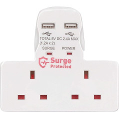 Statuss 2 veidu kontaktligzdas strāvas adapteris ar aizsardzību pret pārspriegumu plus 2 x USB izeja