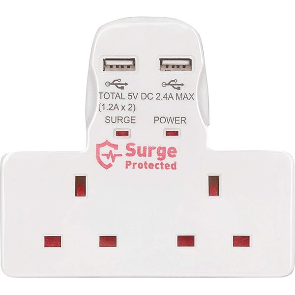 Statuss 2 veidu kontaktligzdas strāvas adapteris ar aizsardzību pret pārspriegumu plus 2 x USB izeja