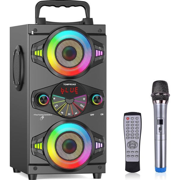 Bluetooth Lautsprecher, 60W tragbare drahtlose Loud Outdoor Home Party Bluetooth Lautsprecher mit Subwoofer, FM Radio, LED bunte Lichter, Mikrophone, Remote und Big Powerful Stereo Tiefenbass Sound