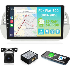 Podofo 2+64G 2 Din auto radio Fiat 500 2007-2015 ar bezvadu Apple Carplay Android automašīnai, 9 collu autoradiostafete Fiat 500 ar Bluetooth/GPS/SWC/WiFi/FM/RDS radio+Canbus+Augstskata kamera