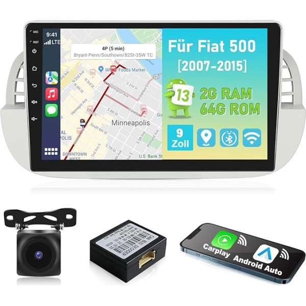 Podofo 2+64G 2 Din auto radio Fiat 500 2007-2015 ar bezvadu Apple Carplay Android automašīnai, 9 collu autoradiostafete Fiat 500 ar Bluetooth/GPS/SWC/WiFi/FM/RDS radio+Canbus+Augstskata kamera