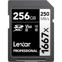 Lexar Professional SD256CBNA1667 x 256GB SDXC UHS-II karte ar ātrumu līdz 250MB/s nolasīšanai profesionāliem fotogrāfiem, videogrāfiem un entuziastiem