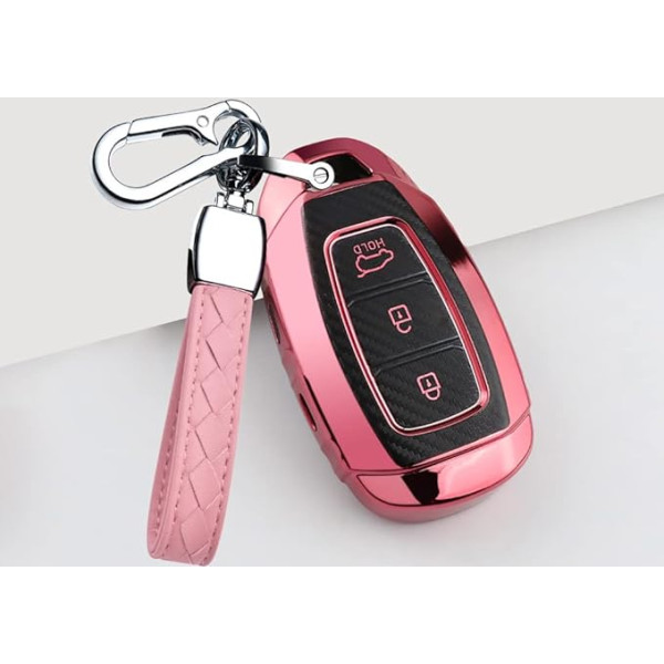 HIBEYO Smart Car Key Case Fits Hyundai Key TPU Carbon Fibre Cover Key Case Case Cover for Hyundai Kona i10 i10 i30 i30 ioniq Tucson Verna Azera Key Ring Remote Control Case Pink