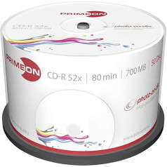 PRIMEON CD-R 80Min/700MB/52x Cakebox (50 diski), foto uz diska virsmas, apdrukājams ar tintes druku pilnā izmērā