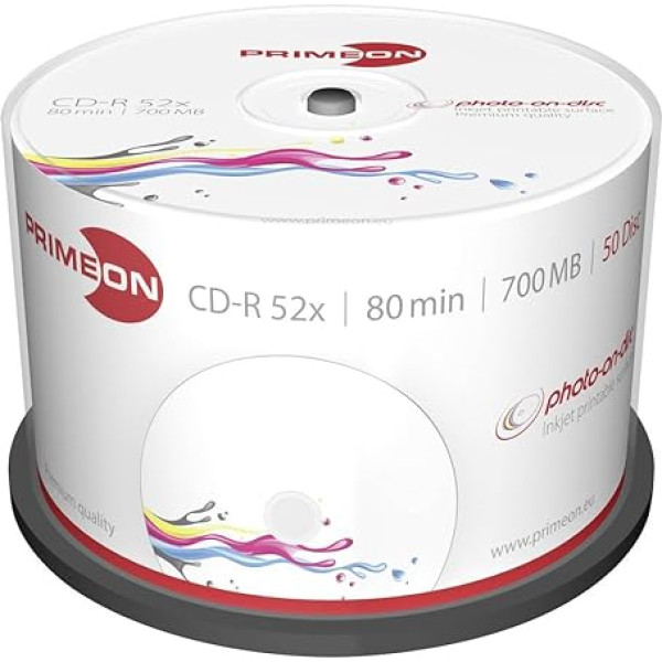 PRIMEON CD-R 80Min/700MB/52x Cakebox (50 Disc), photo-on-disc Surface, Inkjet Fullsize Printable