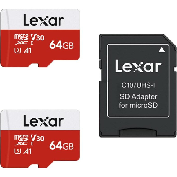 Lexar Micro SD karte 64 GB 2 atmiņas karšu komplekts Micro SD ar SD adapteri, lasīšanas ātrums līdz 100 MB/s, UHS-I, U3, A1, V30, C10, 4K UHD microSDXC atmiņas karte