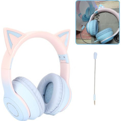 Gugxiom Cat Ear austiņas, bezvadu spēļu austiņas ar Bluetooth 5.1/3.5 mm AUX kabeli, salokāmas austiņas ar 7 krāsu LED apgaismojumu un 4 LED režīmiem meitenēm (zilas)