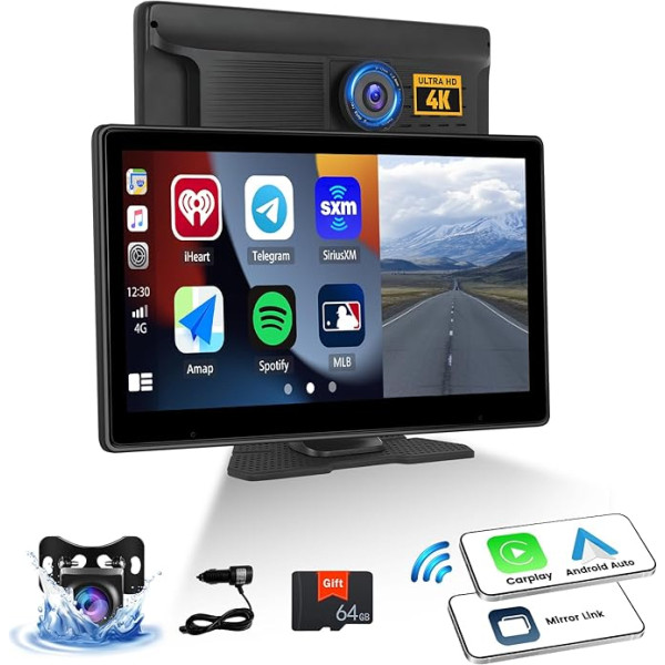 OiLiehu 10,1 collu skārienekrāna autoradio ar bezvadu CarPlay Android Auto 1080P IPS ekrāna autoradio ar Mirror Link/FM raidītāju/Bluetooth/AUX/4K priekšējā kamera/ADAS/DVR + aizmugures kamera/64G TF karte