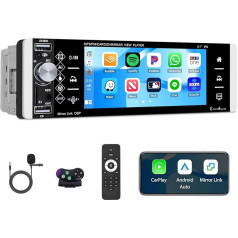 Auto radio Single DIN ar Carplay Android Car, Bluetooth radio ar 5,1 collu IPS skārienjūtīgo ekrānu ar Mirror Link mikrofonu/AUX/FM/AM/RDS stūres rata tālvadības pults turētājs atpakaļgaitas kamera