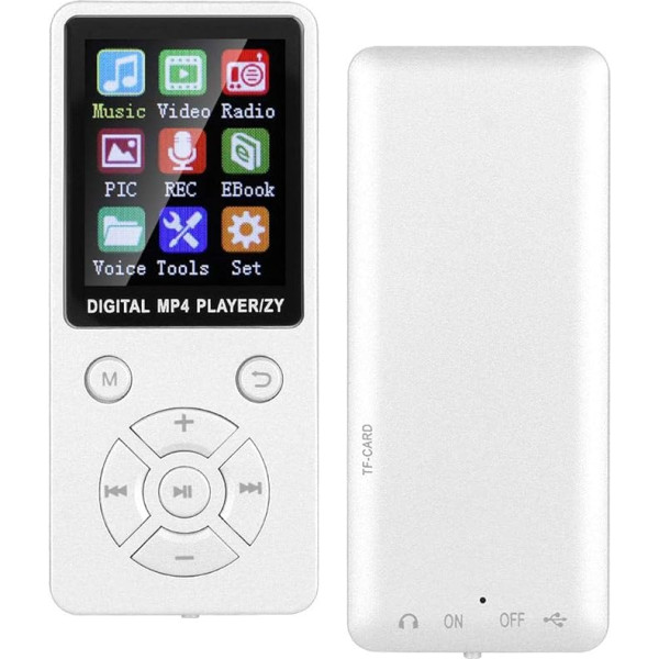 MP3 Bluetooth atskaņotājs, pārnēsājams Bluetooth radio/video/grāmatu/pulksteņa funkcija, studentu mūzikas atskaņotājs ar astoņu diagrammu taktikas pogu, atbalsta 32G atmiņas karti (balta)