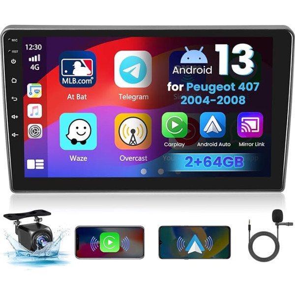 [2+64G] Hikity Android 13 Autoradio mit Navi für Peugeot 407 2004-2008, 9 Zoll Touch Display Autoradio mit Bildschirm GPS WiFi Bluetooth FM RDS USB Mic Rückfahrkamera