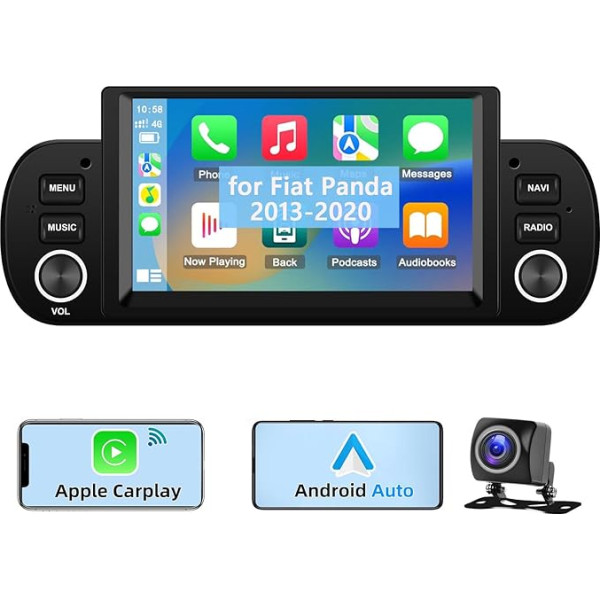 Podofo Auto radio Fiat Panda 2013-2020 ar bezvadu Apple CarPlay Android automašīnai, 6,2 collu ekrāns Android 11 auto radio ar GPS navigāciju, HiFi, WiFi, RDS/FM radio SWC + AHD aizmugures skata kamera un mikrofons