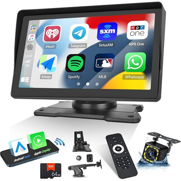 SIXWIN Pārnēsājamais auto radio Bezvadu Apple CarPlay Android auto Bluetooth GPS navigācija 7 collu HD skārienjūtīgais ekrāns Automobiļu atskaņošanas displejs Spoguļu savienojums atpakaļgaitas kamera FM AUX/USB + 64G TF kartes Tālvadības pu