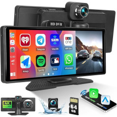 4K Dash Cam priekšējais bezvadu CarPlay Android auto uztvērējs ar aizmugures skata kameru, 10,26 collu portatīvais skārienjūtīgais auto radio ar Bluetooth Mirror Link FM raidītājs AUX 64G SD karte + cilpas ierakstīšana