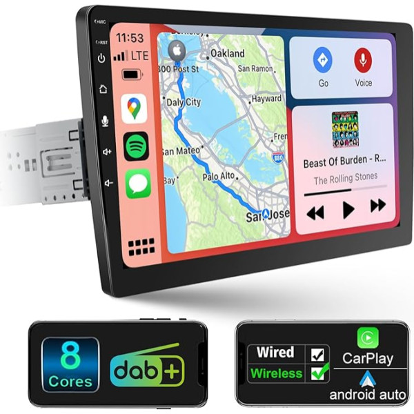 Android Autoradio 1 DIN Wireless Carplay Android Autoradio Touch Display Eingebaut DAB+, 10,1 Zoll HD Abnehmbares Bildschirm Autoradio mit Navi, WiFi 4G GPS AM/FM RDS