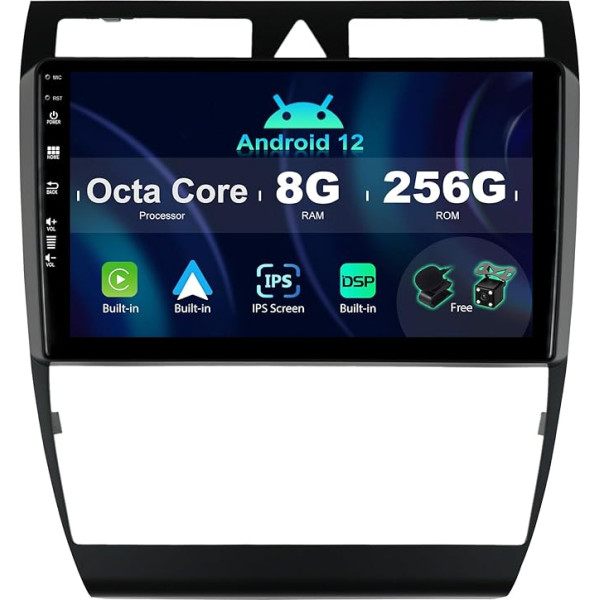 SXAUTO ¦ 8G + 256G ¦ Android 12 IPS auto radio Audi A6 C5 S6 / RS6 (199-2006) - Iebūvēts Carplay / Android Car / DSP - LED kamera + mikrofons - DAB stūres kontrole Fast Boot 360-CAM WiFi AHD - 2 DIN 9