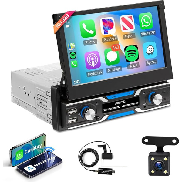 32G Bezvadu Apple Carplay Android Autoradio 1 Din mit DAB Modul Android Auto Navi GPS WiFi 7 Zoll Automatisch Ausfahrbares Bildschirm Autoradio mit Mirror Link Bluetooth FM/RDS/DAB/SWC Rückfahrkamera