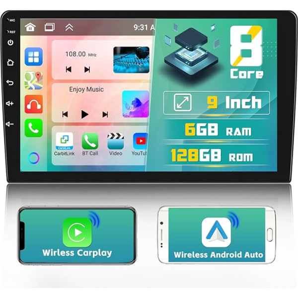 8-core 6 + 128 GB: Hikity Double DIN Android auto radio ar bezvadu CarPlay Android auto, 9 collu IPS skārienjūtīgais ekrāns ar navigācijas ekrānu, 3 dalīto ekrānu, RDS, DSP, GPS, BT 5.0, WiFi, atpakaļgaitas sistēma.